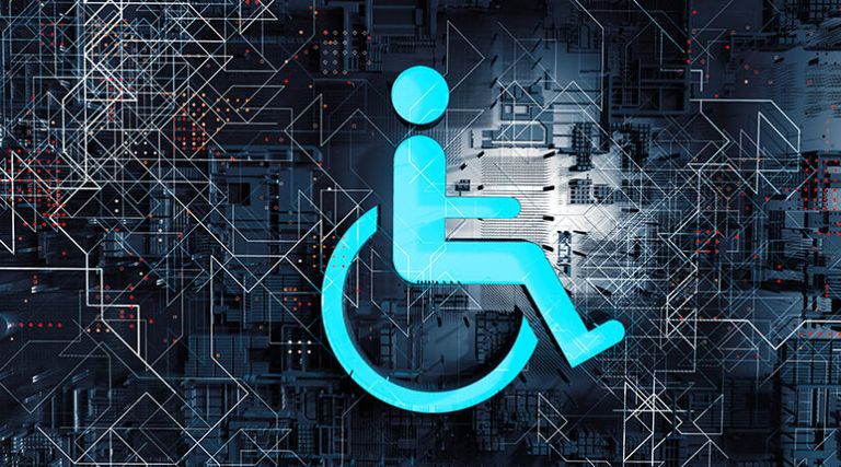 Image avec un pictogramme d'une personne en fauteuil roulant sur un fond type 