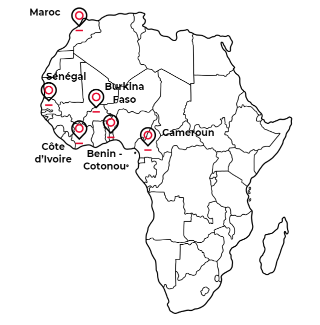 Carte de l'Afrique présentant les différents lieux où nos formations sont disponibles